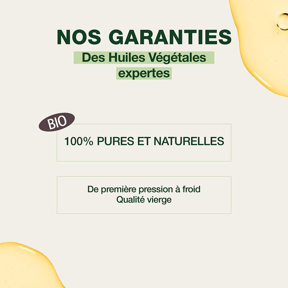 Graphique avec texte: Nos Garanties, 100% Pures et Naturelles, De première pression à froid. Certification BIO.