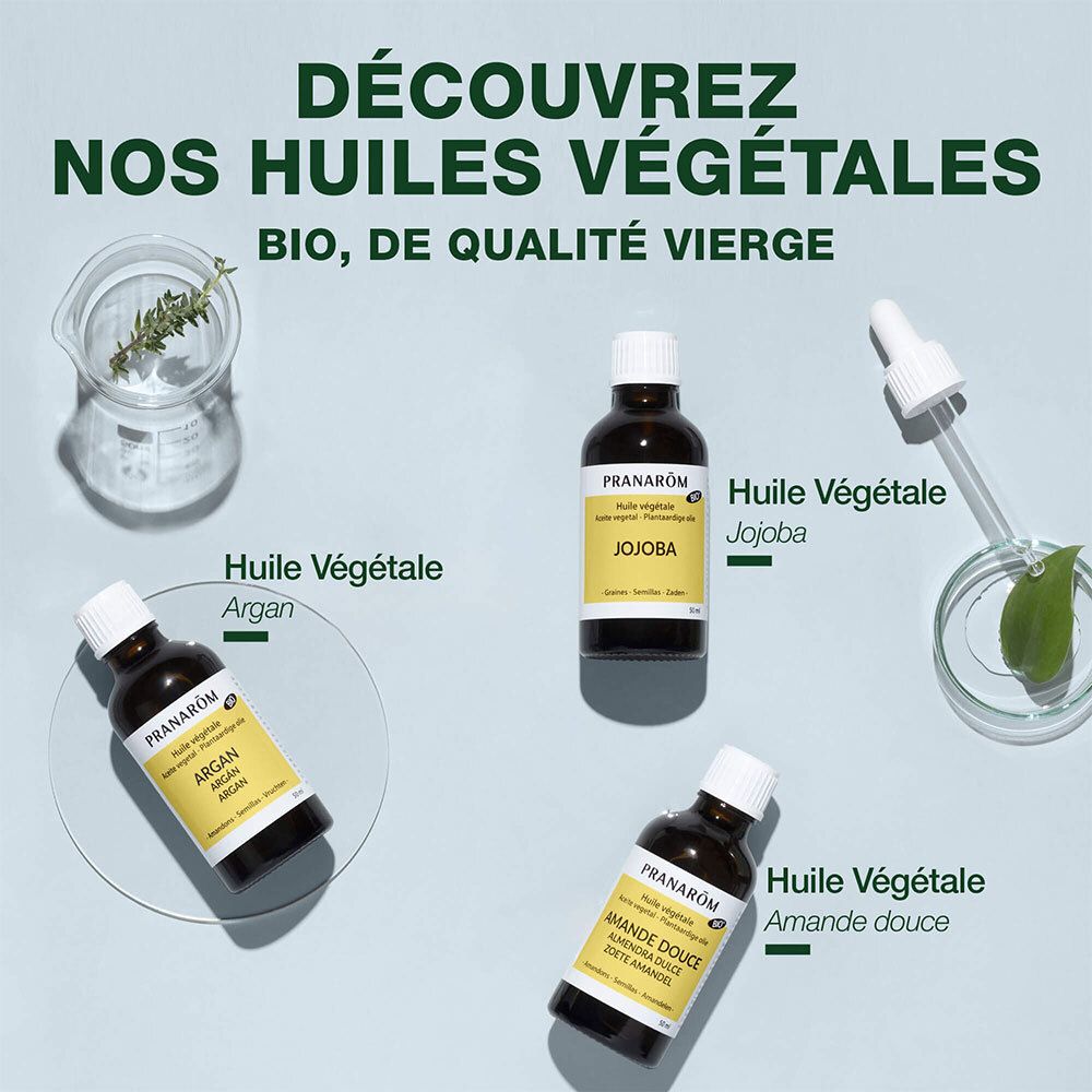 Graphique avec différents flacons de produits. Huile Végétale Argan, Jojoba, Amande Douce. Certification BIO.