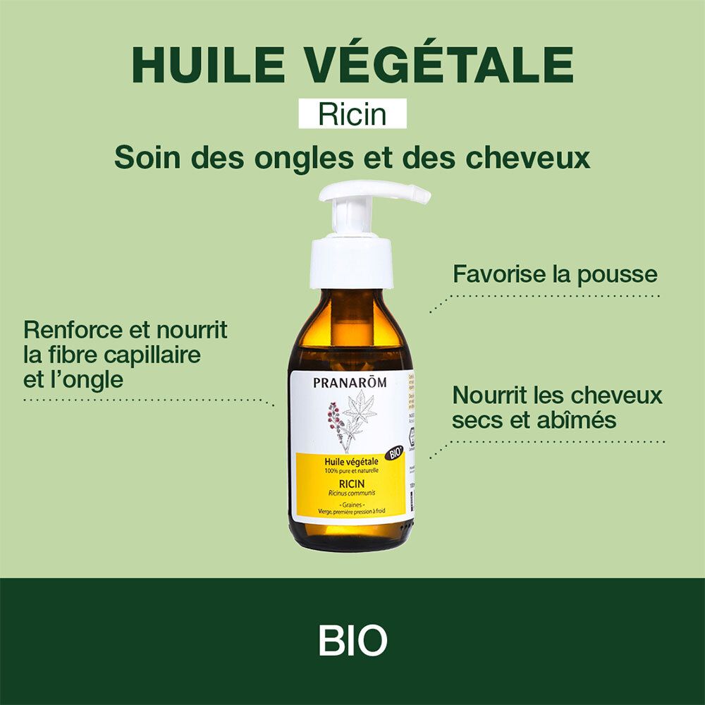 Productfles op groene achtergrond. Tekst: Huile végétale Ricin. Verzorging van nagels en haar.