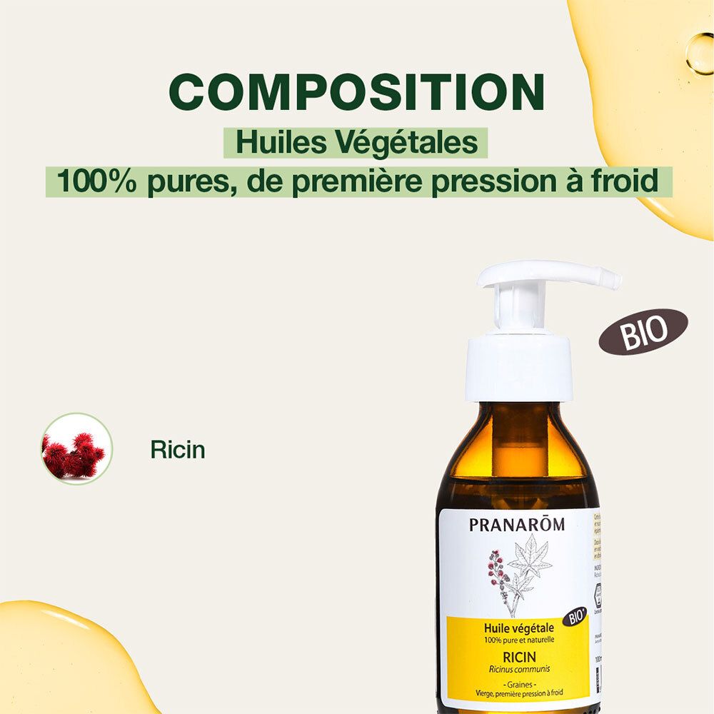 Productfles op groene achtergrond. Tekst: Huiles Végétales. 100% puur, koudgeperst. Bio-label.