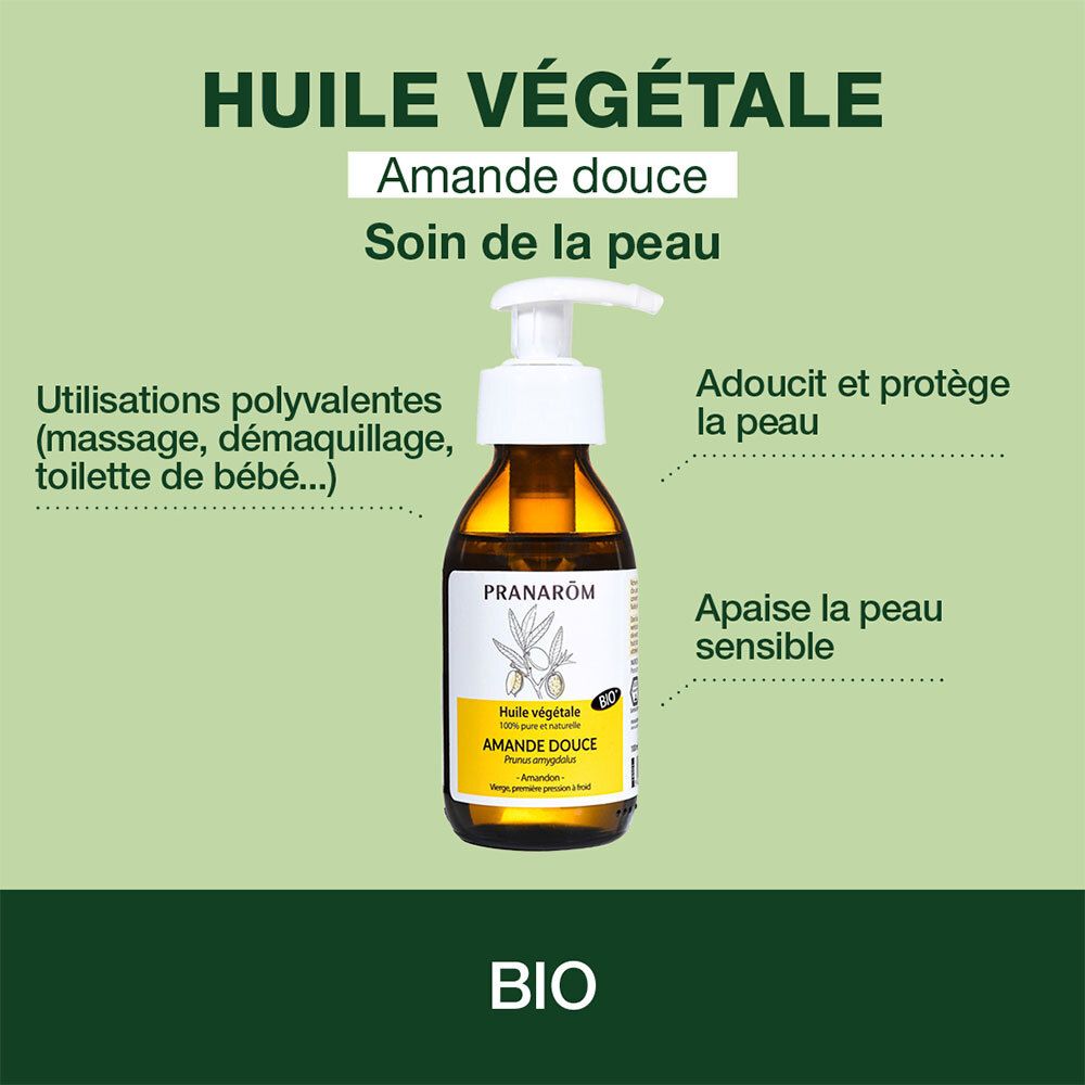 Fles met pomp. Tekst: Huile Végétale, Amande Douce. Bio-certificering. Gebruiksaanwijzingen.