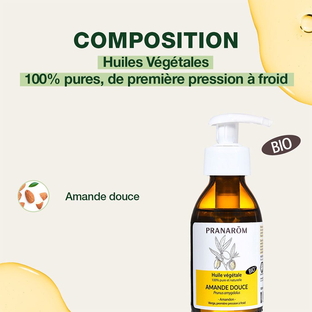 Fles met pomp. Tekst: Composition, Huiles Végétales. Bio-certificering. Amande Douce.