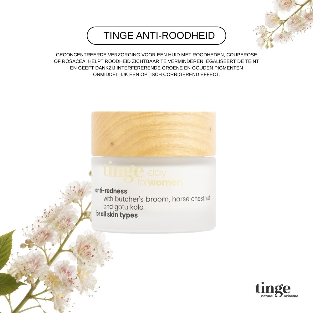 Tinge anti-roodheid crème met keurmerken voor vegan, dierproefvrij en dermatologisch getest.