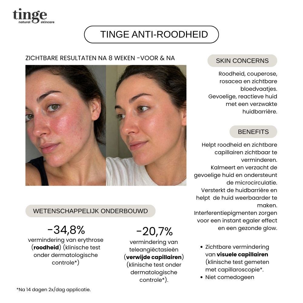 Tinge anti-roodheid crème met focus op zuivere formules en maximale werking.