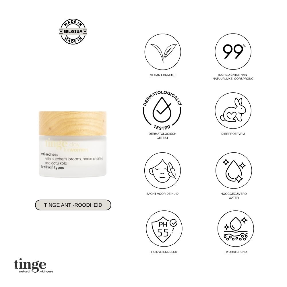Tinge anti-roodheid crème met focus op gevoelige huid en hooggezuiverd water.