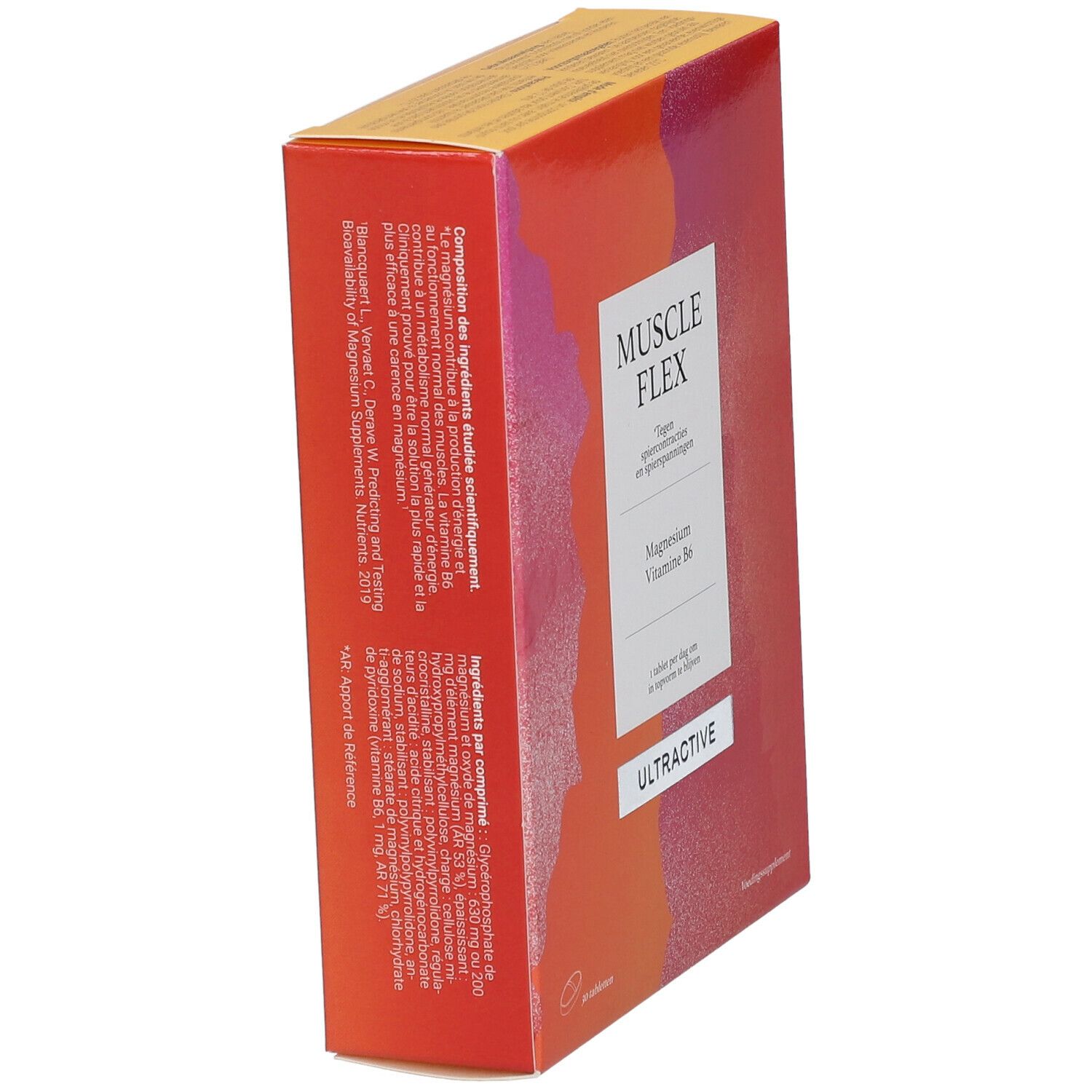 Schuin geplaatste verpakking van Ultractive Muscle Flex. Bevat magnesium en vitamine B6. Oranje-rood design.