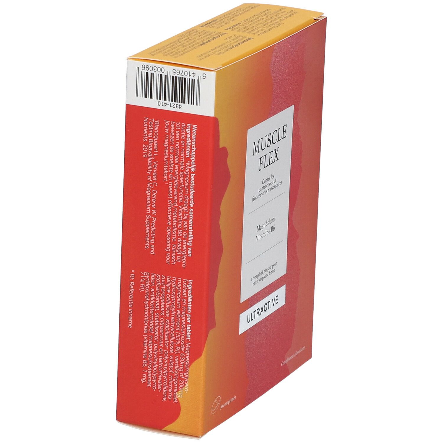 Schuin geplaatste verpakking van Ultractive Muscle Flex. Bevat magnesium en vitamine B6. Oranje-rood design.