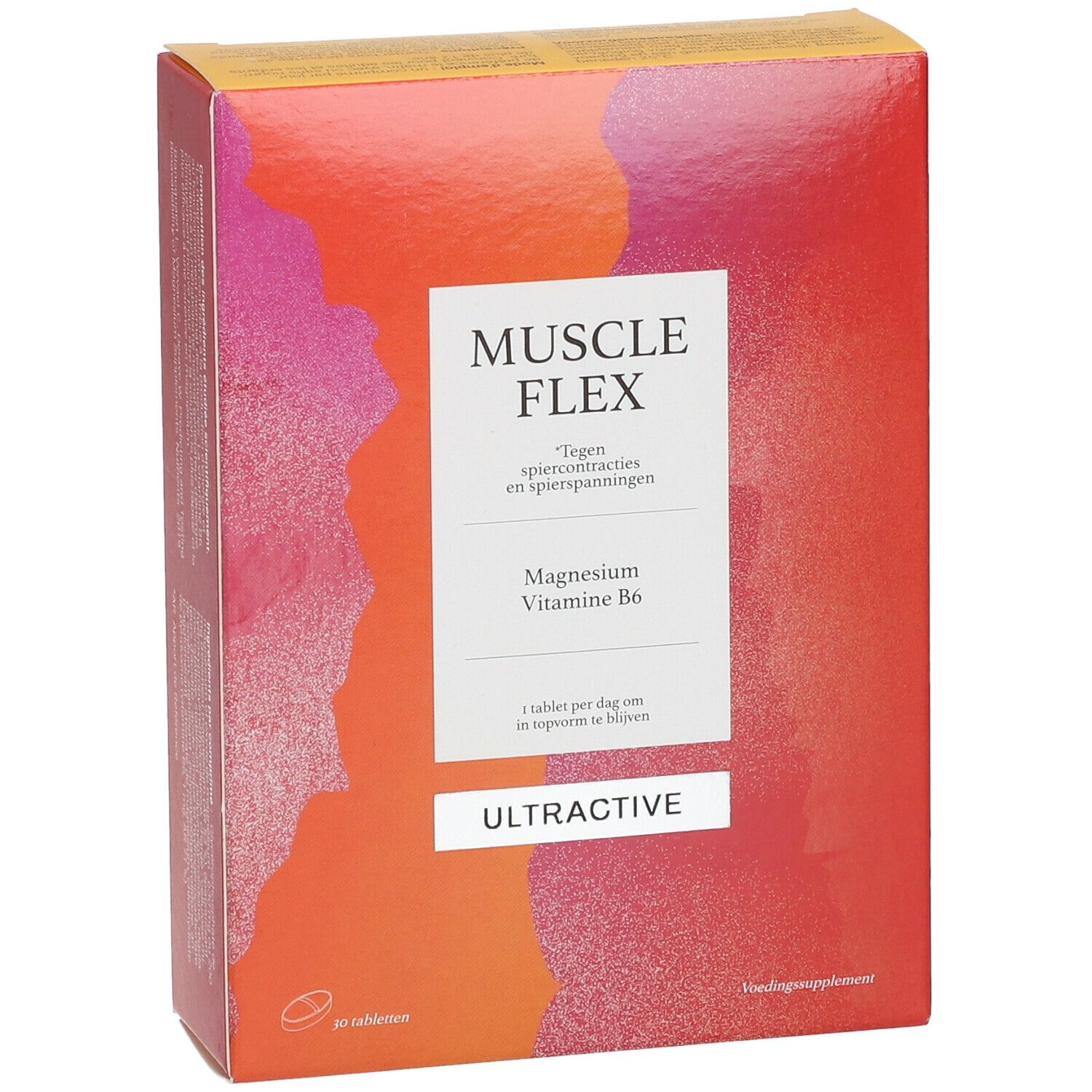 Verpakking van Ultractive Muscle Flex. Bevat magnesium en vitamine B6. Oranje-rood design met productnaam en merk.