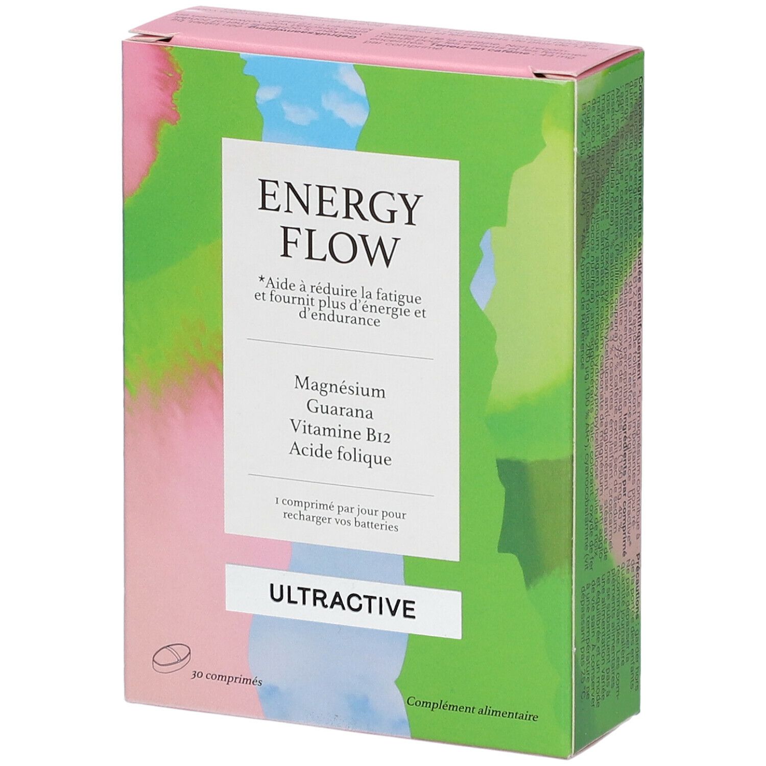 Boîte de Ultractive Energy Flow. Contient magnésium, guarana, vitamine B12 et acide folique. 30 comprimés. Design vert et rose.