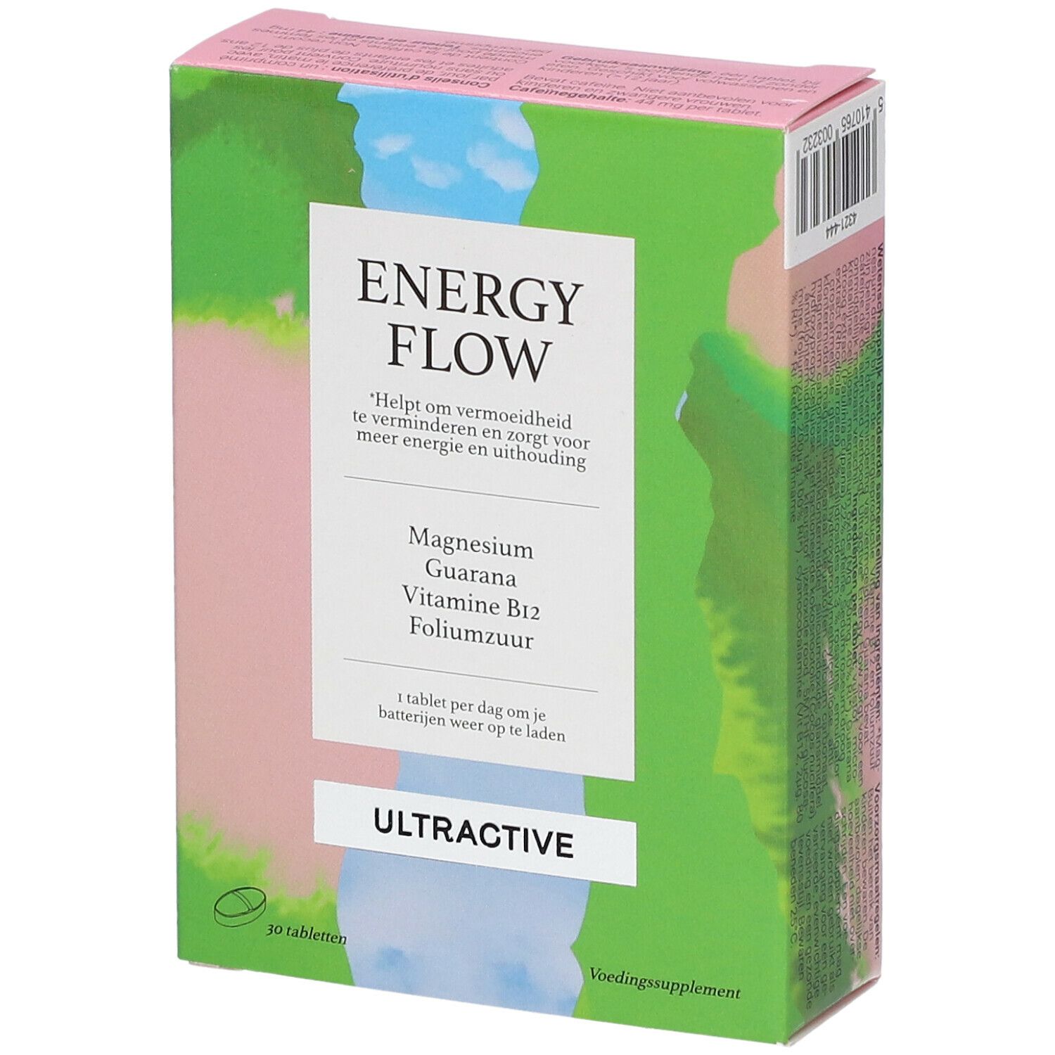 Boîte de Ultractive Energy Flow. Contient magnésium, guarana, vitamine B12 et acide folique. 30 comprimés. Design vert, rose et bleu.