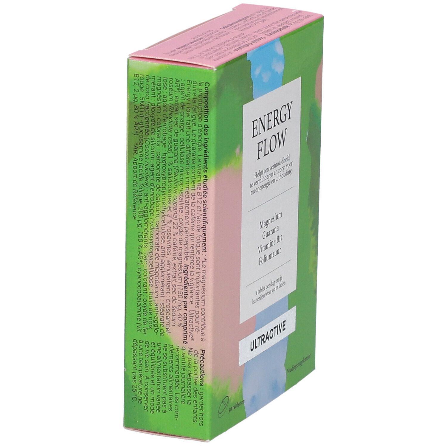 Boîte de Ultractive Energy Flow. Contient magnésium, guarana, vitamine B12 et acide folique. 30 comprimés. Design vert, rose et bleu.