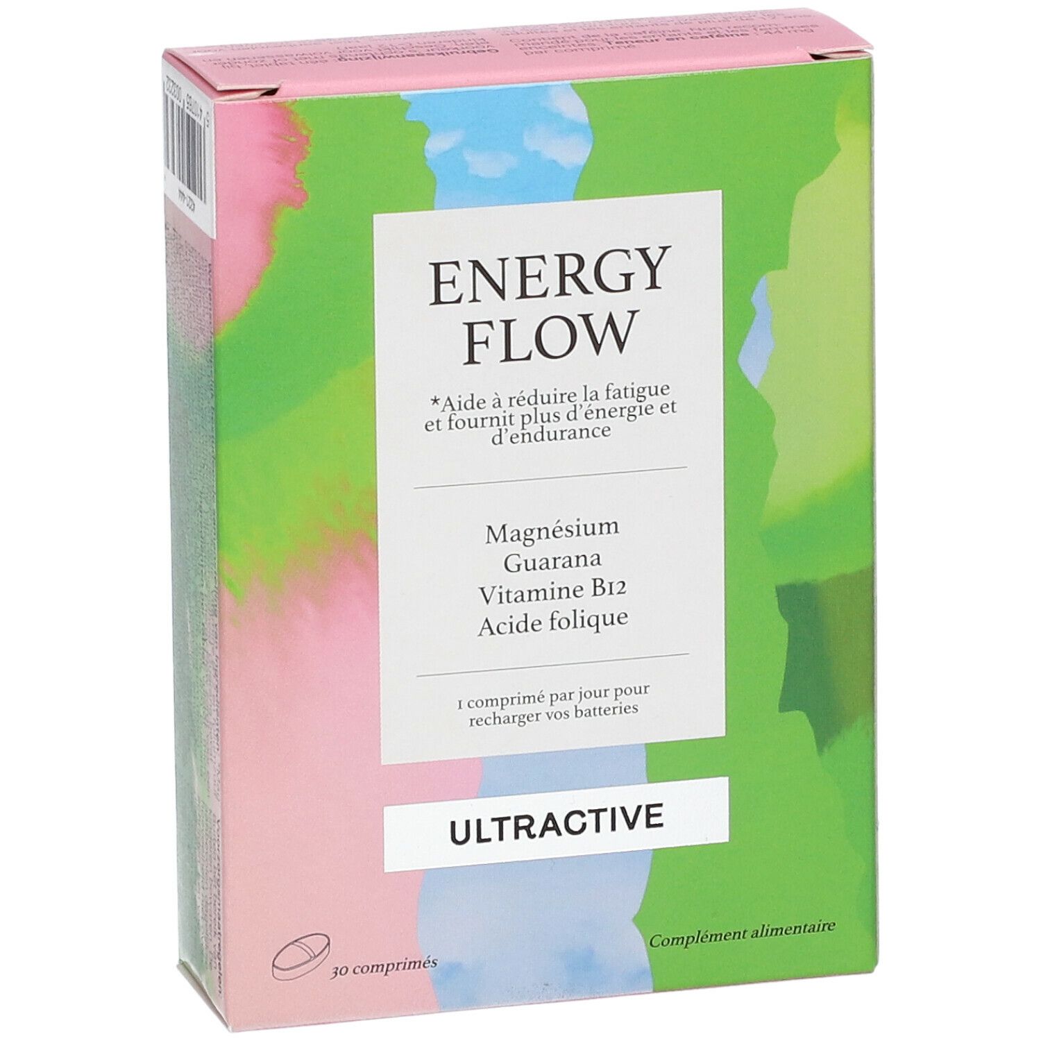 Boîte de Ultractive Energy Flow. Contient magnésium, guarana, vitamine B12 et acide folique. 30 comprimés. Design vert, rose et bleu.