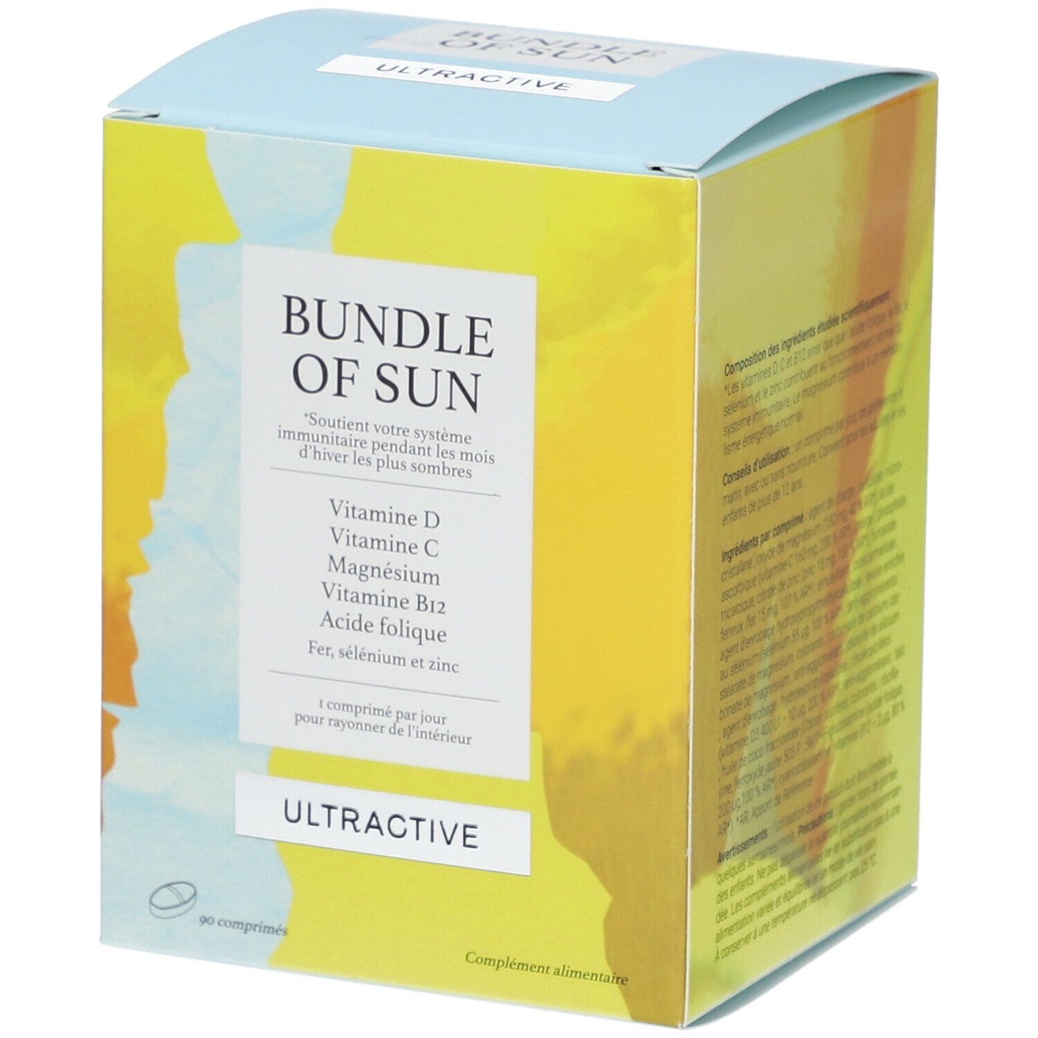 Blauw-gele doos met "BUNDLE OF SUN" en "ULTRACTIVE". Bevat Vitamine D, C, Magnesium, B12, Foliumzuur, IJzer, Selenium en Zink.