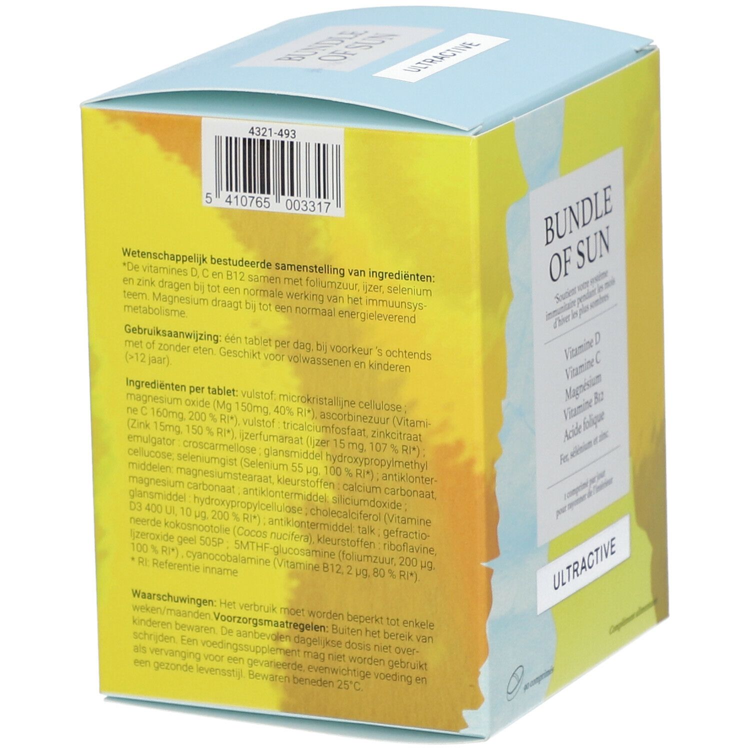 Achterkant van de blauw-gele doos met "BUNDLE OF SUN" en "ULTRACTIVE". Bevat ingrediënten en voedingswaarde-informatie.