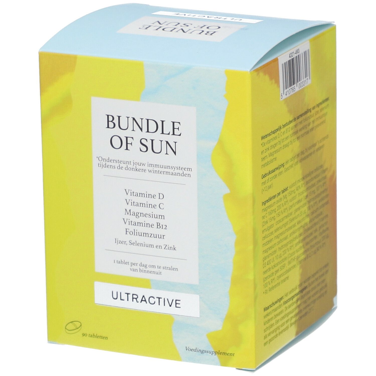 Blauw-gele doos met "BUNDLE OF SUN" en "ULTRACTIVE". Bevat Vitamine D, C, Magnesium, B12, Foliumzuur, IJzer, Selenium en Zink.