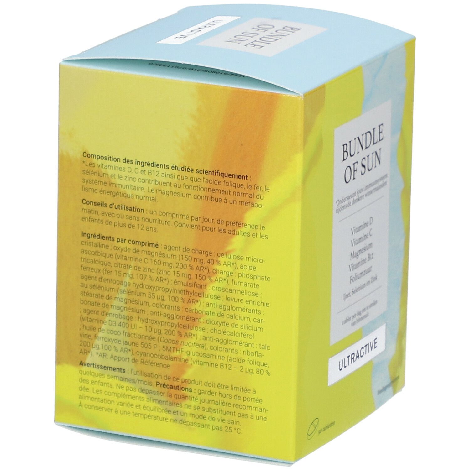Achterkant van de blauw-gele doos met "BUNDLE OF SUN" en "ULTRACTIVE". Bevat ingrediënten en voedingswaarde-informatie.