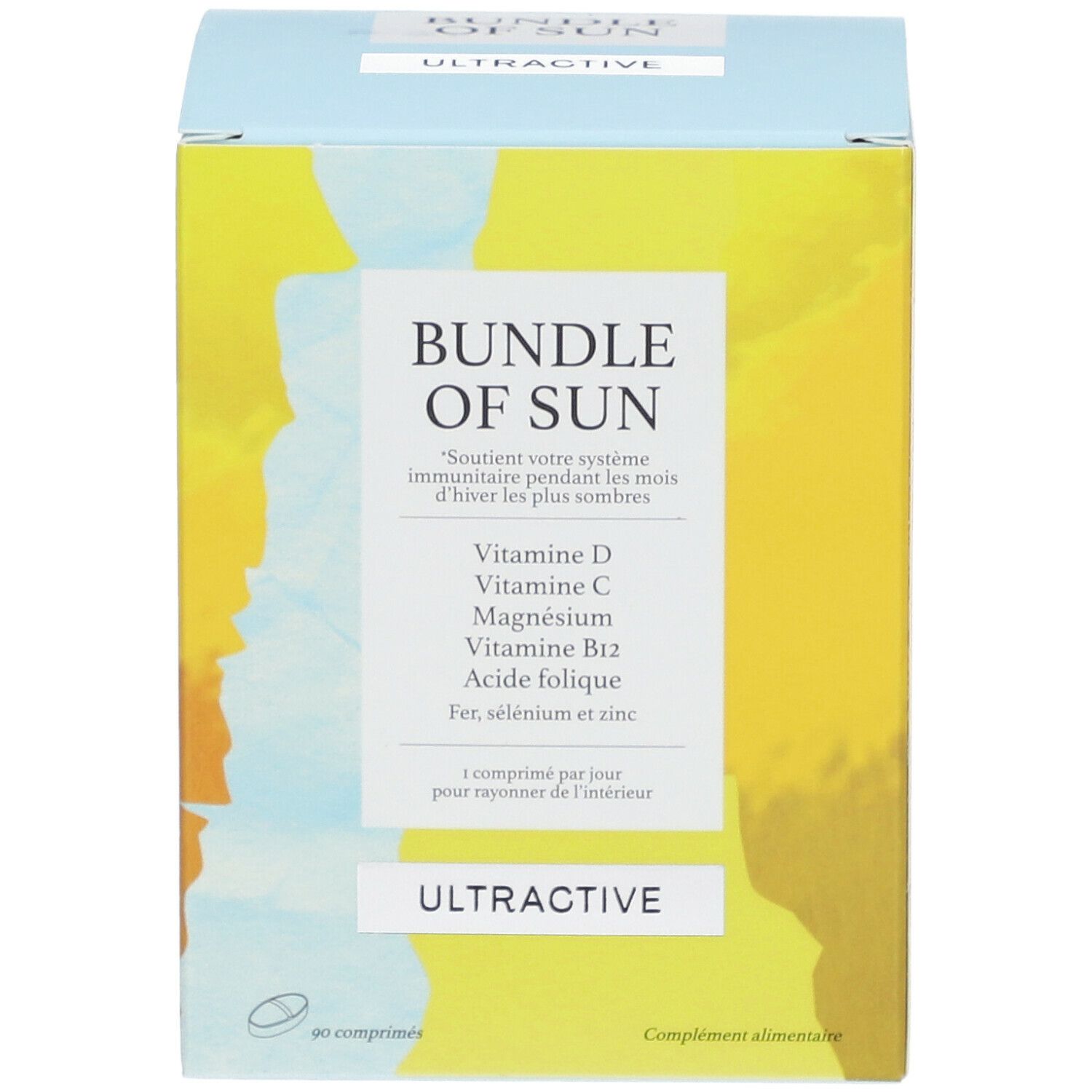 Blauw-gele doos met "BUNDLE OF SUN" en "ULTRACTIVE". Bevat Vitamine D, C, Magnesium, B12, Foliumzuur, IJzer, Selenium en Zink. 90 tabletten.