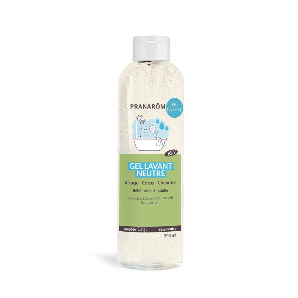 Flacon blanc Pranarôm Gel Lavant Neutre Bio, 500ml, avec label Bio et symbole douche.