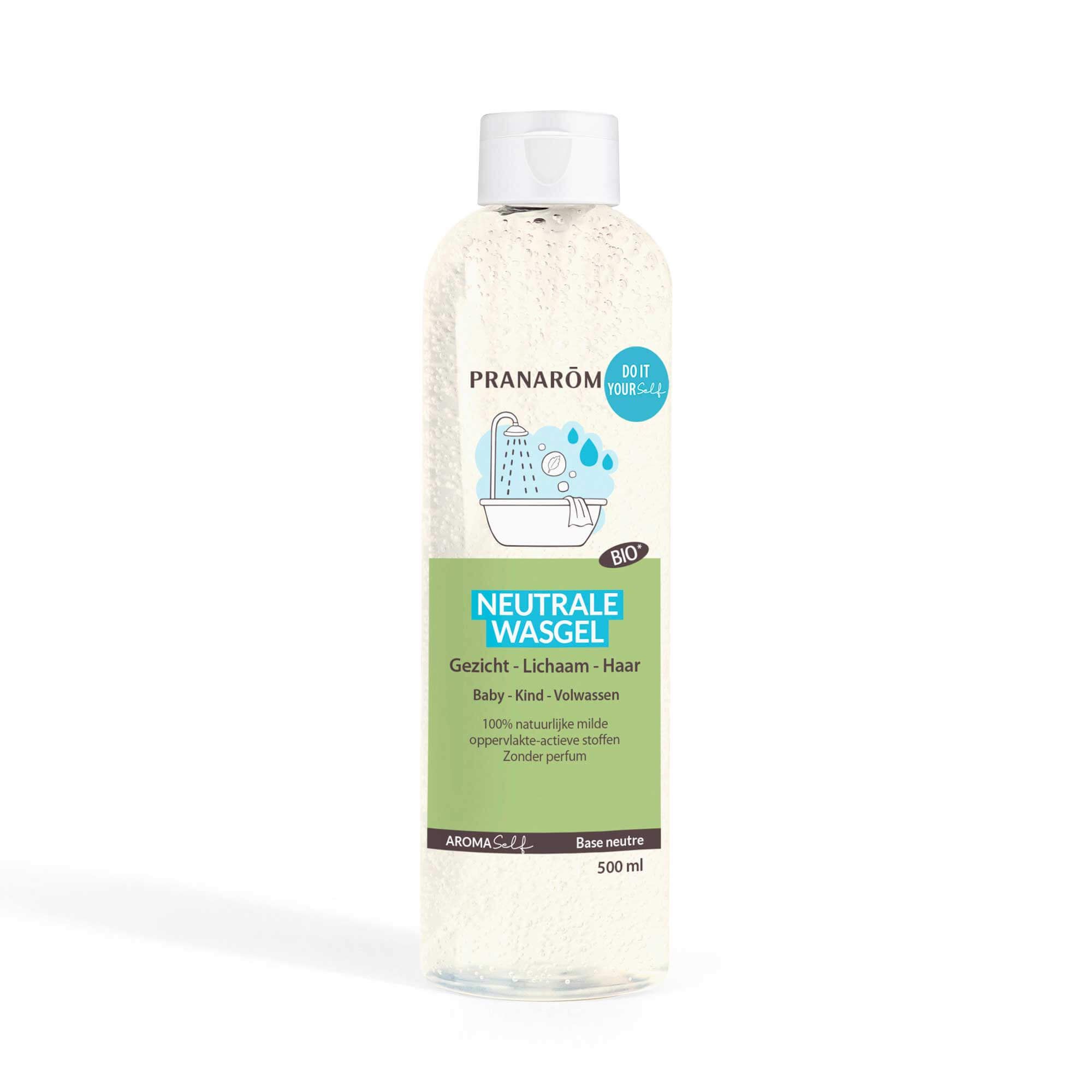 Witte fles Pranarôm Neutrale Wasgel Bio, 500ml, met Bio-keurmerk en douche-icoon.