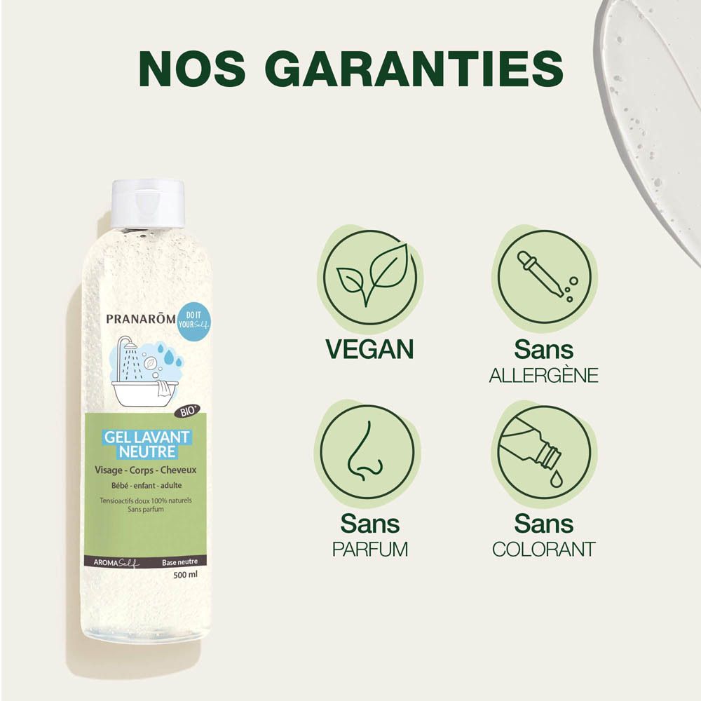 Flacon blanc Pranarôm Gel Lavant Neutre Bio, 500ml, avec label Bio et symbole douche.