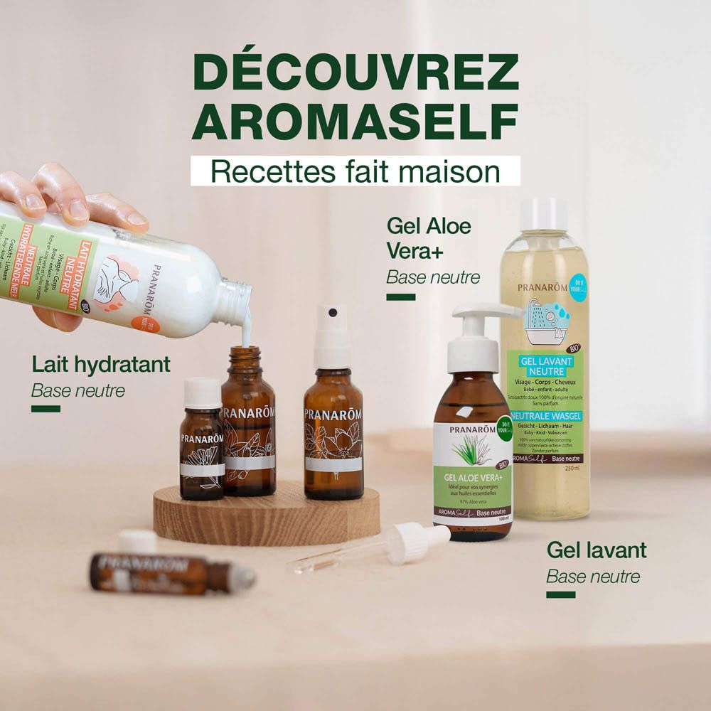 Flacon blanc Pranarôm Gel Lavant Neutre Bio, 500ml, avec label Bio et symbole douche.