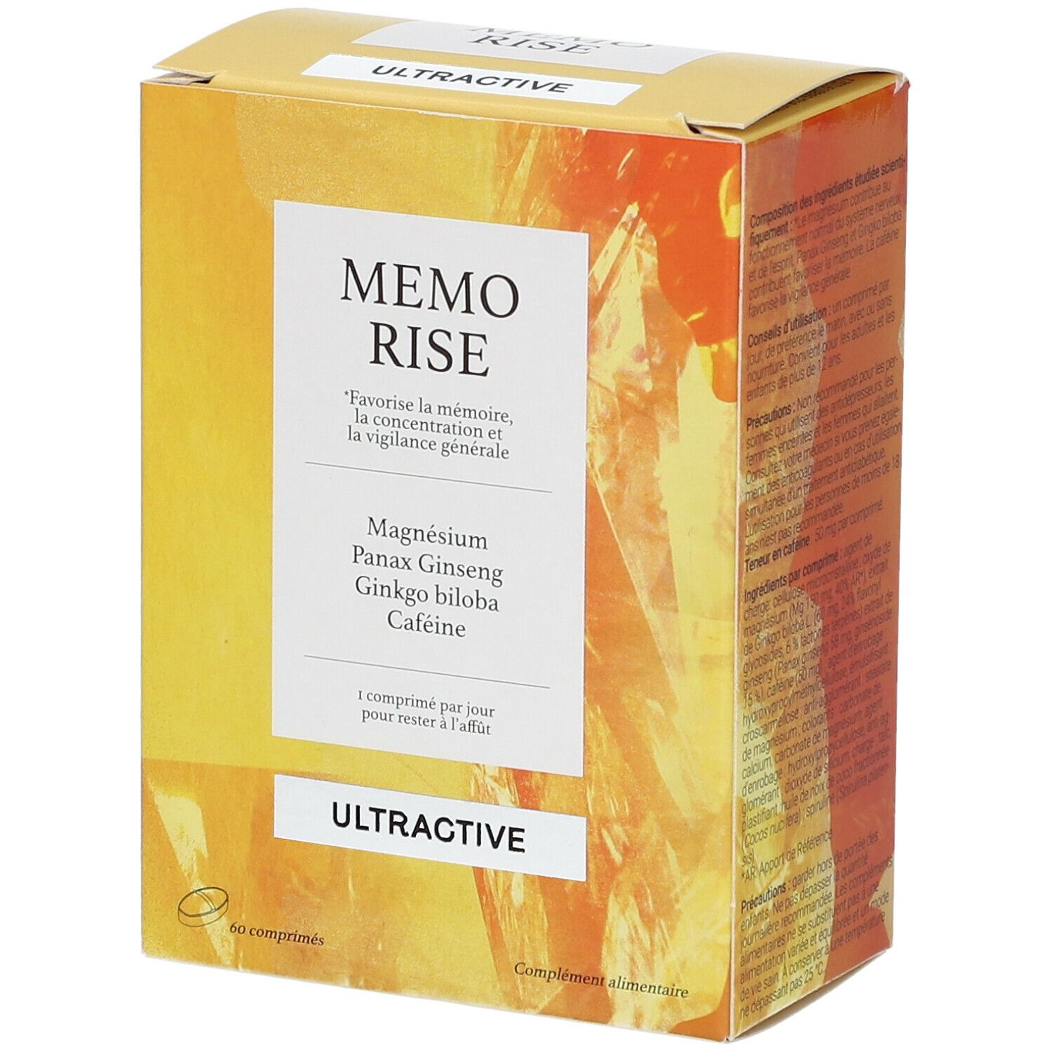 Verpakking van Ultractive Memo Rise. Bevat magnesium, Panax Ginseng, Ginkgo biloba en cafeïne. 60 tabletten.