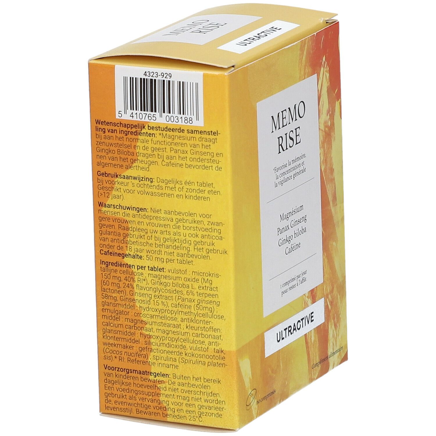 Achterkant van de verpakking van Ultractive Memo Rise. Bevat ingrediënten, gebruiksaanwijzing en waarschuwingen.
