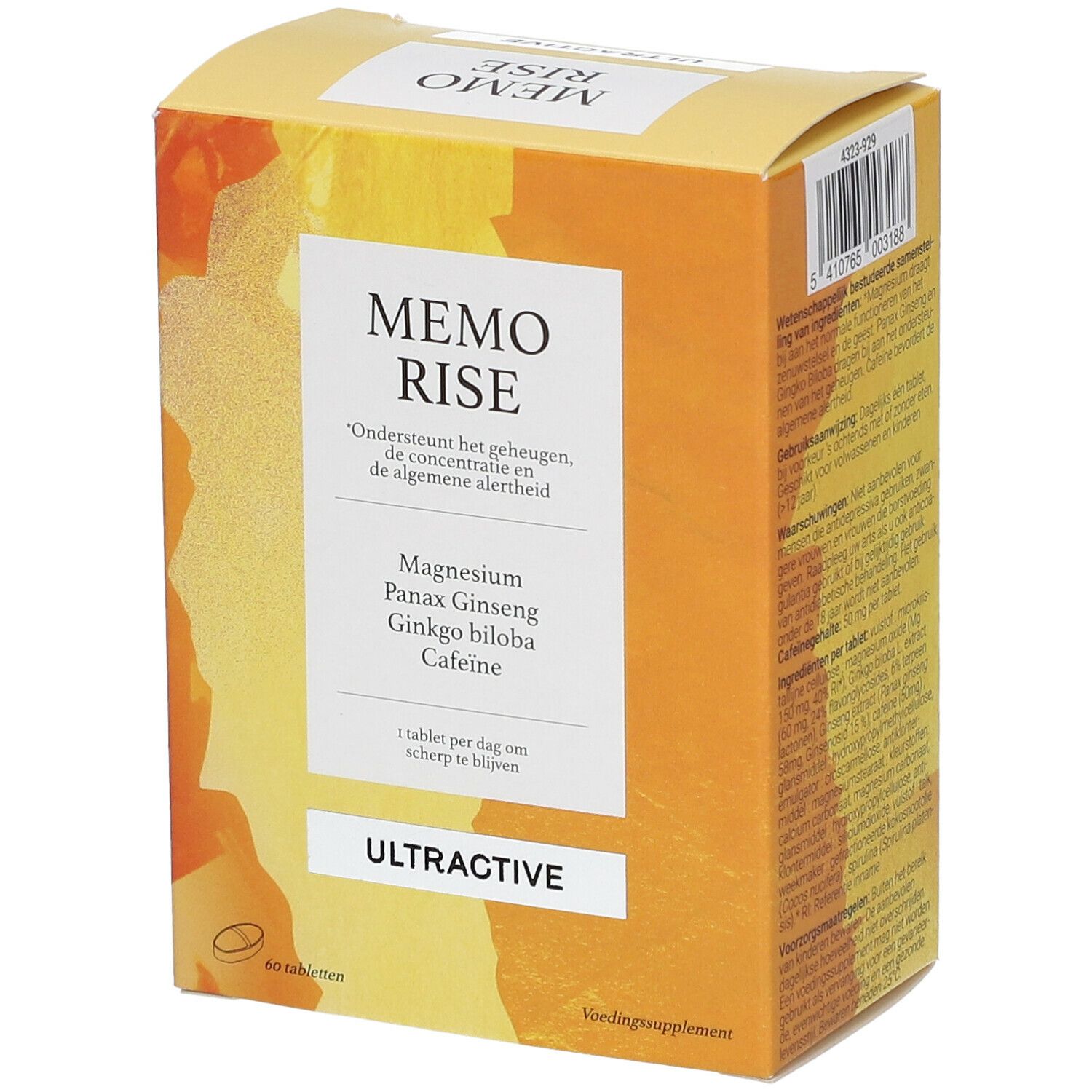 Verpakking van Ultractive Memo Rise. Bevat magnesium, Panax Ginseng, Ginkgo biloba en cafeïne. 60 tabletten.