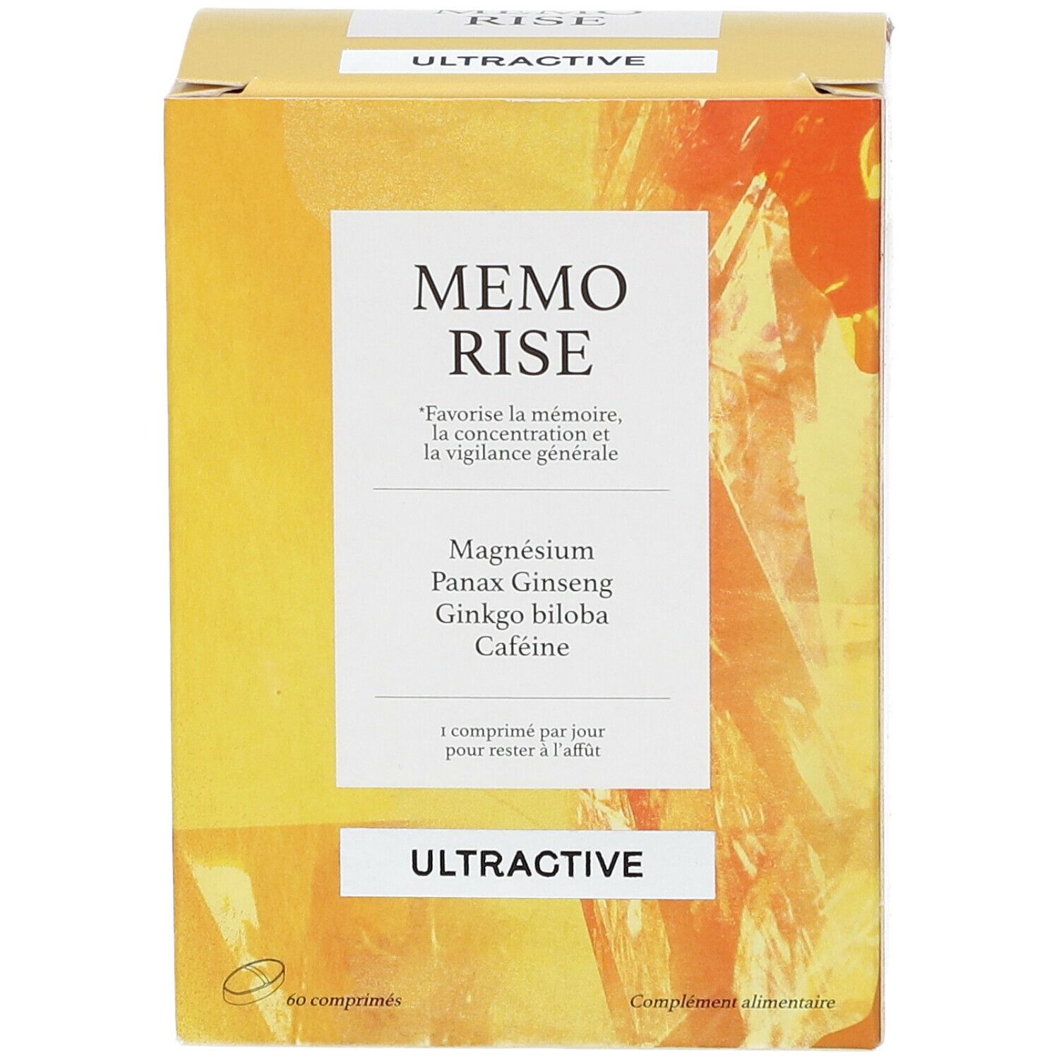 Verpakking van Ultractive Memo Rise. Bevat magnesium, Panax Ginseng, Ginkgo biloba en cafeïne. 60 tabletten.