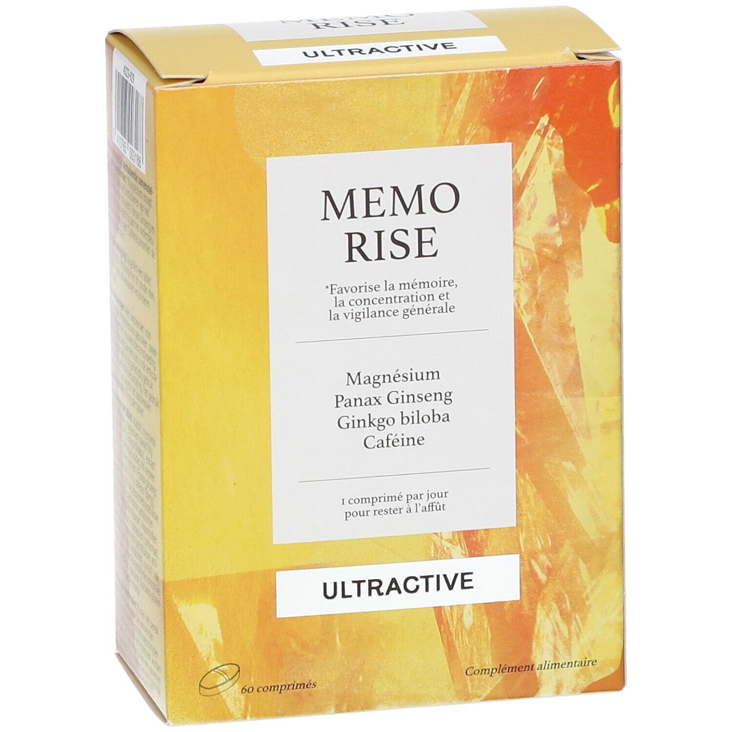 Verpakking van Ultractive Memo Rise. Bevat magnesium, Panax Ginseng, Ginkgo biloba en cafeïne. 60 tabletten.
