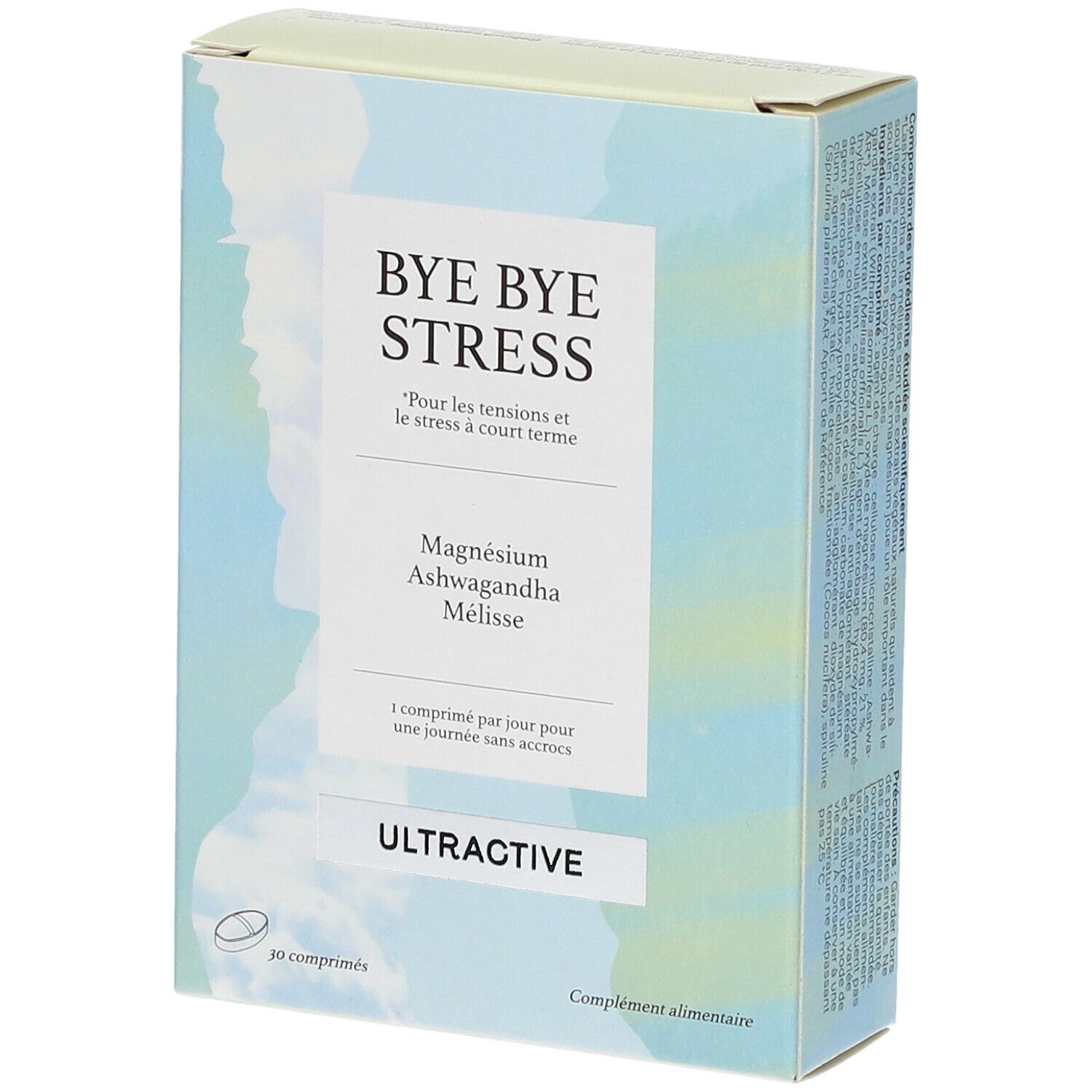 Doosje "BYE BYE STRESS" met magnesium, ashwagandha en melisse. Merk ULTRACTIVE. 30 tabletten. Franse tekst.
