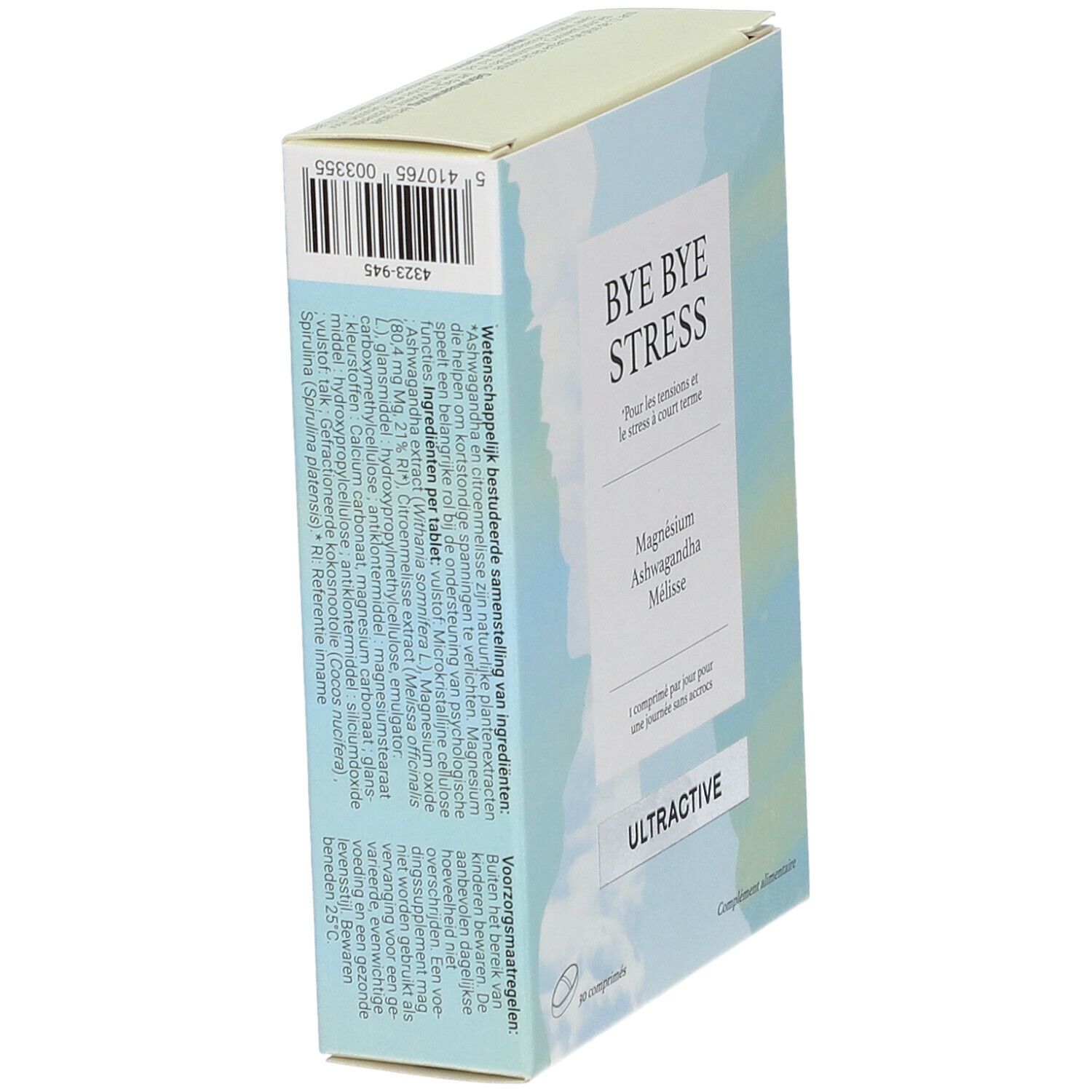 Doosje "BYE BYE STRESS" met ingrediënten. Bevat magnesium, ashwagandha en melisse. Merk ULTRACTIVE. 30 tabletten.