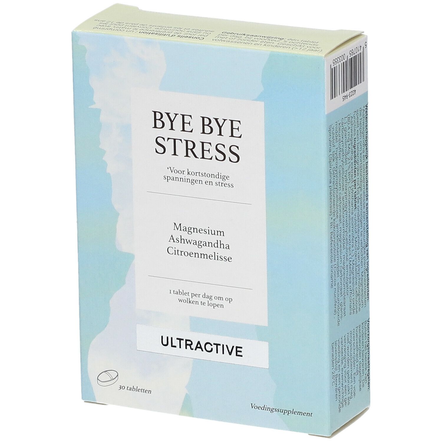 Doosje "BYE BYE STRESS" met magnesium, ashwagandha en citroenmelisse. Merk ULTRACTIVE. 30 tabletten. Nederlandse tekst.