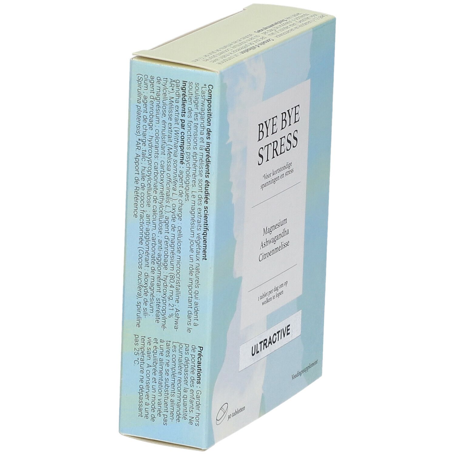 Doosje "BYE BYE STRESS" met ingrediënten. Bevat magnesium, ashwagandha en citroenmelisse. Merk ULTRACTIVE. 30 tabletten.