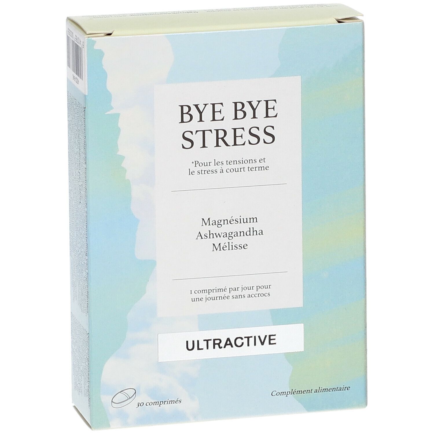 Doosje "BYE BYE STRESS" met magnesium, ashwagandha en melisse. Merk ULTRACTIVE. 30 tabletten. Franse tekst.