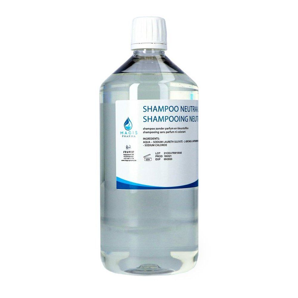 Transparante fles met witte dop. Etiket met productnaam en logo. Heldere vloeistof.