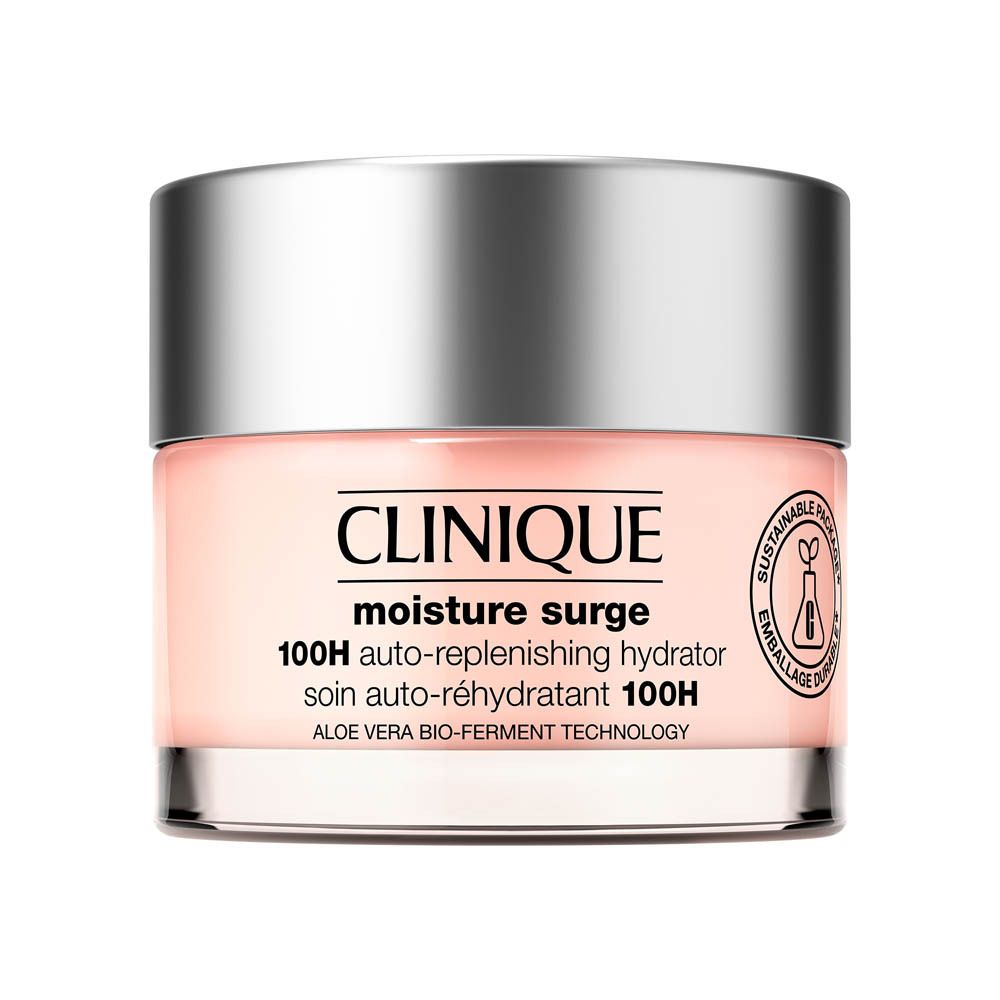 Clinique Moisture Surge 100H Auto-Replenishing Hydrator dans un pot rose avec un couvercle argenté. Contient la technologie Aloe Vera Bio-Ferment.