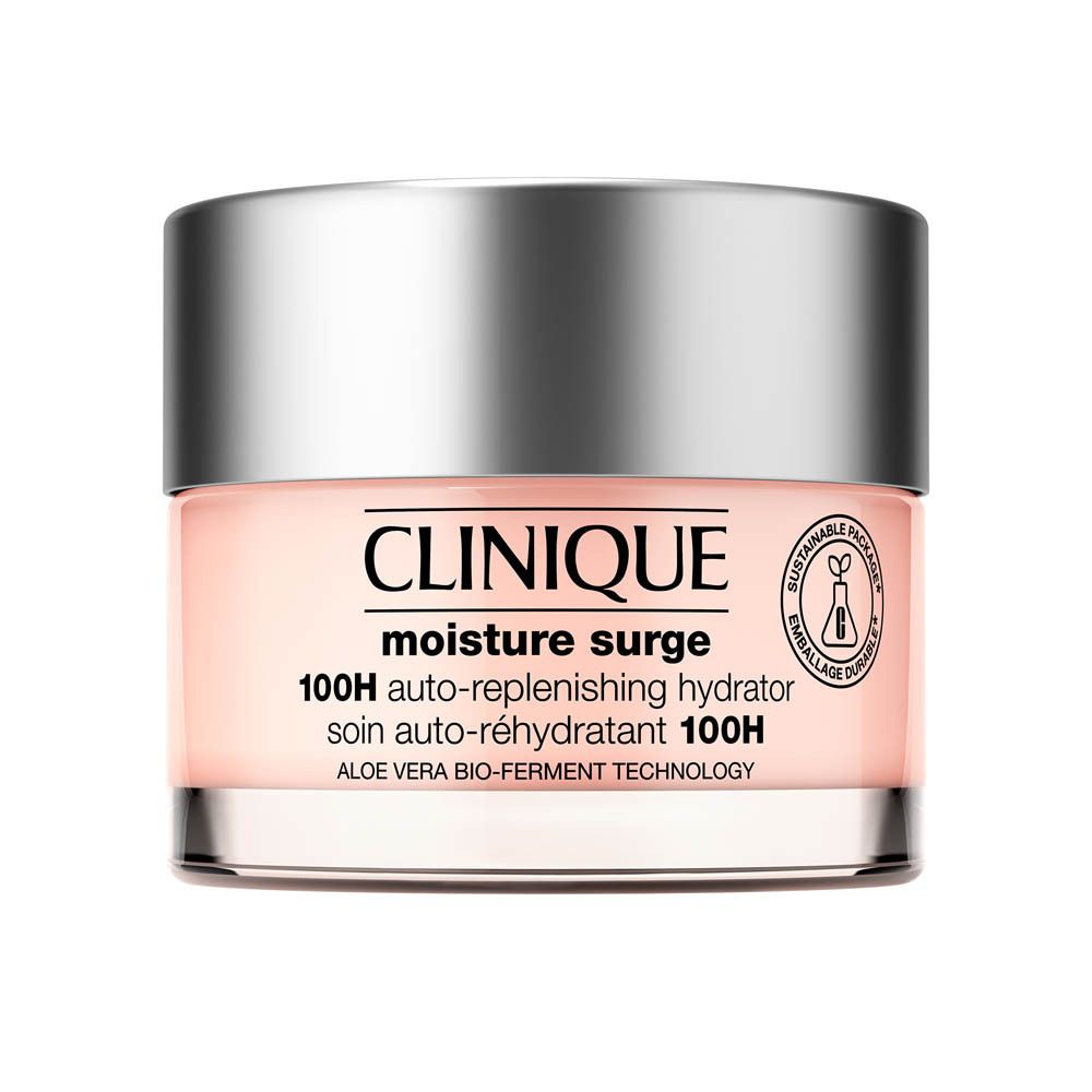 Clinique Moisture Surge 100H Auto-Replenishing Hydrator in een roze glazen pot met zilverkleurig deksel.