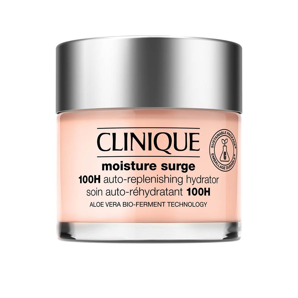 Clinique Moisture Surge 100H Auto-Replenishing Hydrator dans un pot en verre avec un couvercle argenté.
