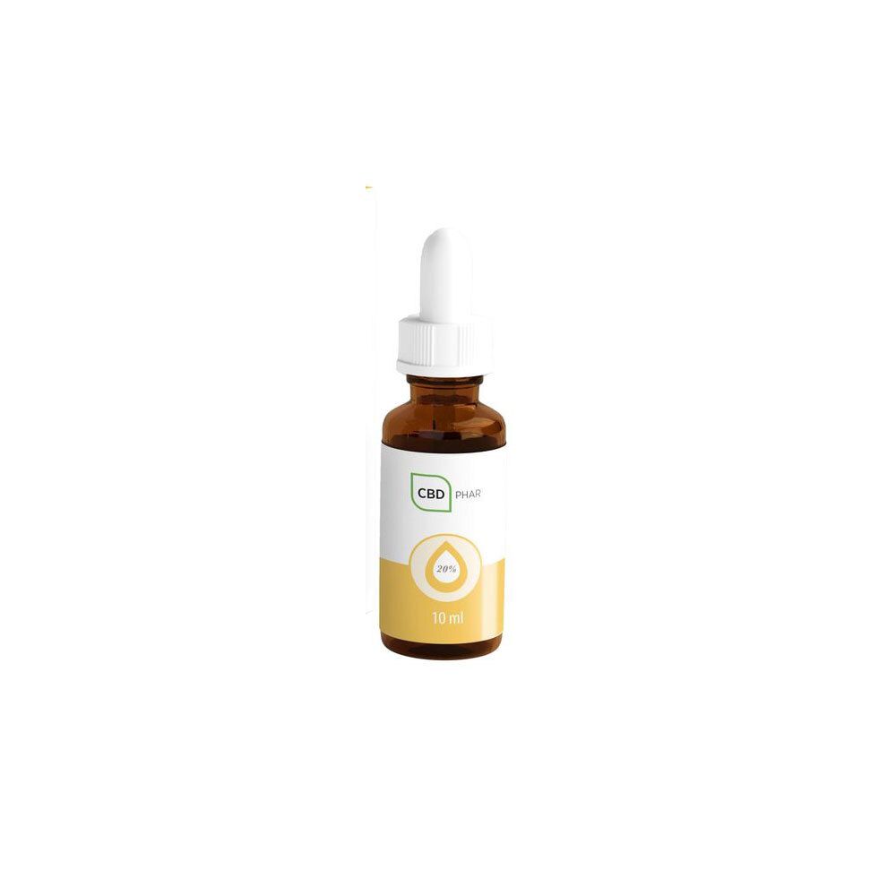 Bruine glazen fles met witte dop en pipet. Etiket met CBD-PHAR, 20% en 10 ml.