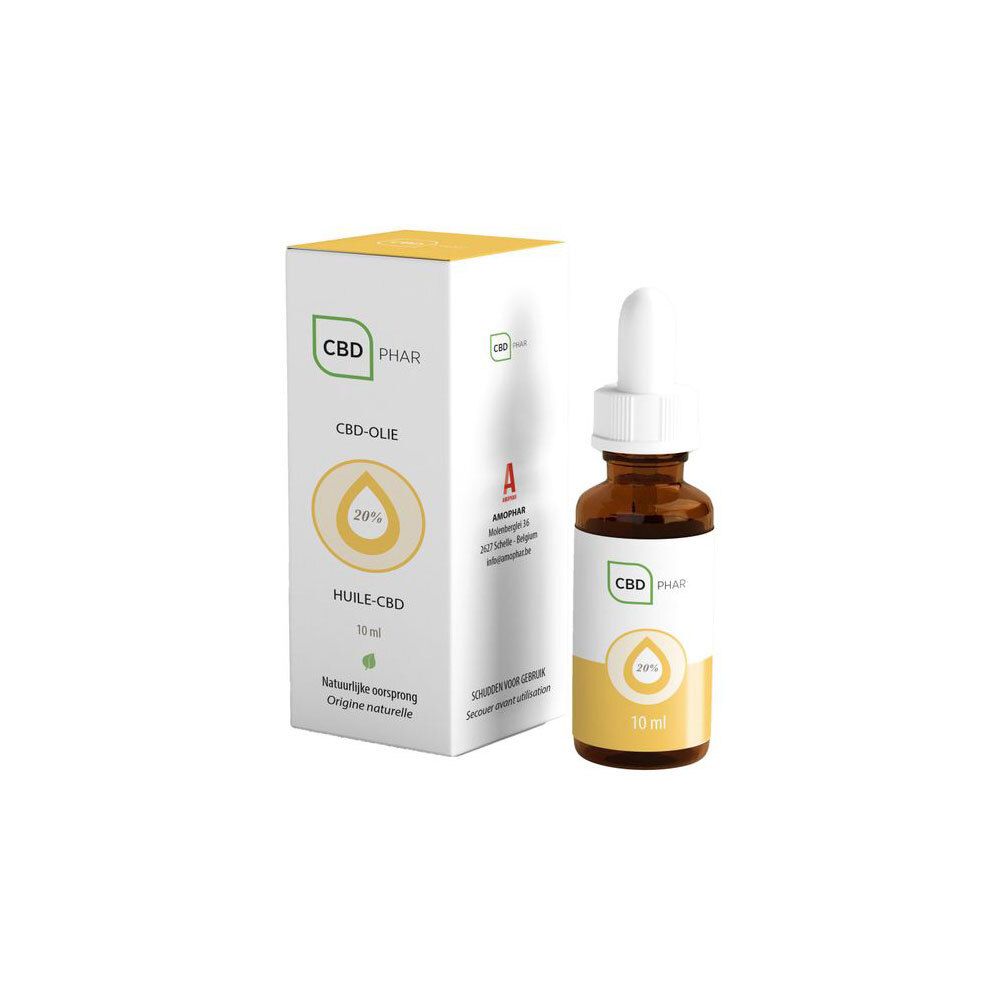 Productverpakking met fles. Witte doos met CBD-PHAR, CBD-olie, 20% en 10 ml.