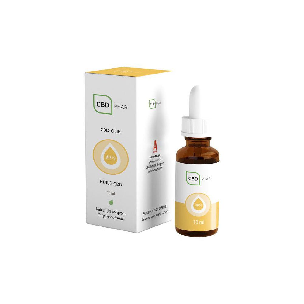 Productverpakking met fles. Witte doos met CBD-PHAR, CBD-olie, 40%, 10 ml. Bruine fles met witte dop.