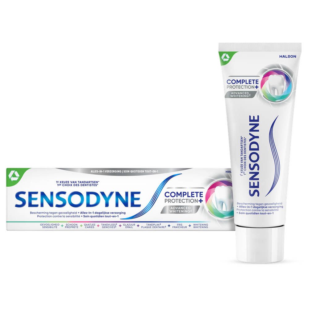 Tandpasta en doos. Sensodyne Complete Protection+. Wit, blauw, roze. Tekst.