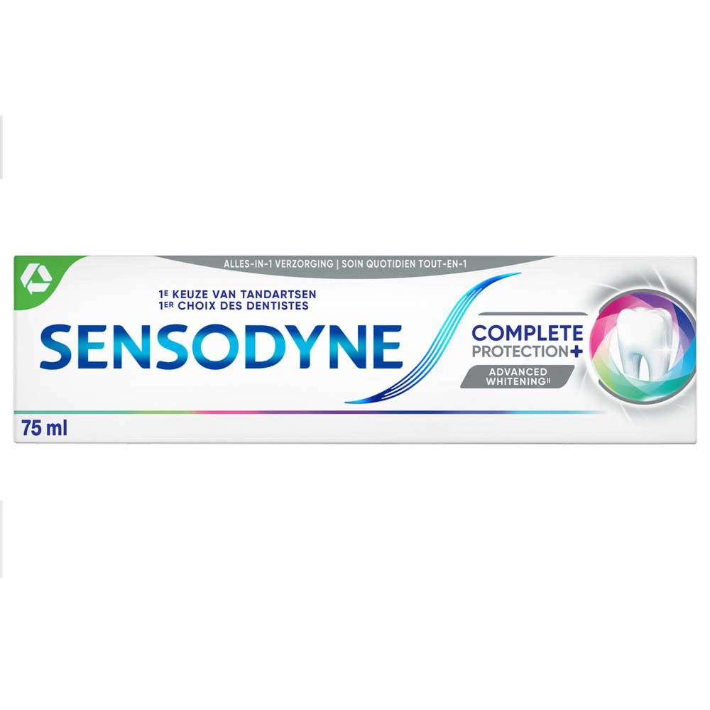 Tandpastadoos. Sensodyne Complete Protection+. Wit, blauw, roze. 75 ml.