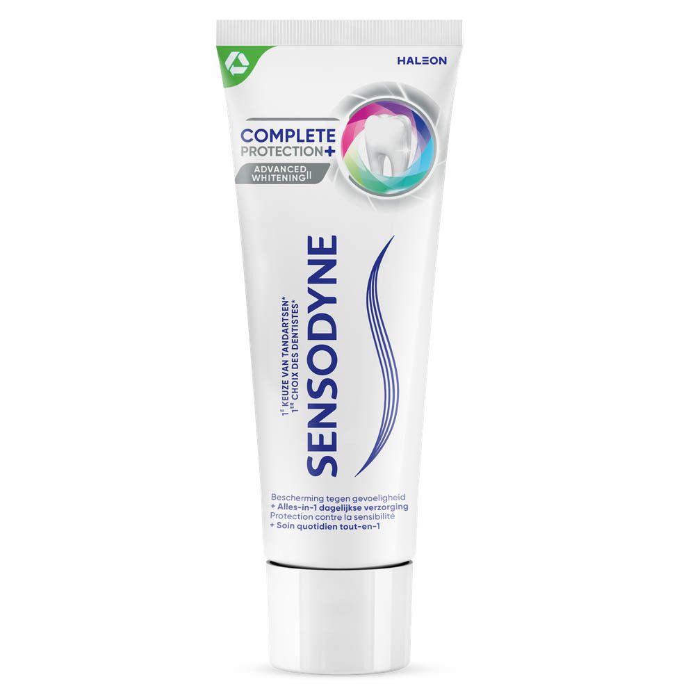 Tandpasta. Sensodyne Complete Protection+. Wit, blauw, roze. Tube.