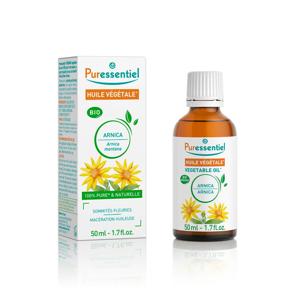 Product en verpakking. Fles en doos. Doos met productnaam, zonnebloem illustratie en BIO certificering.