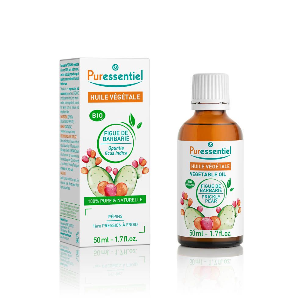 Produit et emballage. Flacon brun et carton avec nom du produit, illustrations et label bio.