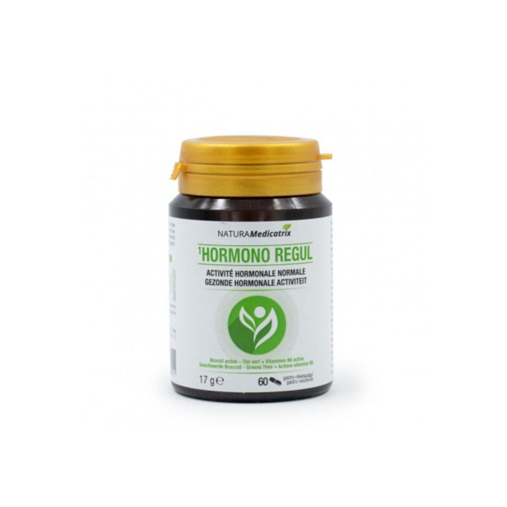 Bruine fles met gouden dop. Opschrift: Natura Medicatrix, Hormono Regul. Bevat 60 capsules.
