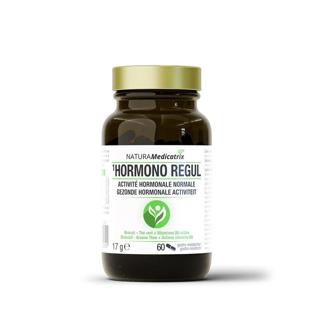 Bruine fles met gouden dop. Opschrift: Natura Medicatrix, Hormono Regul. Bevat 60 capsules.