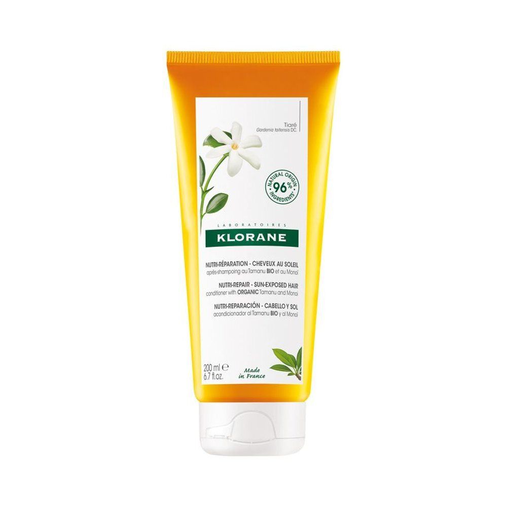 Tube jaune avec étiquette blanche. Logo Klorane, nom du produit, ingrédients et 96% d'ingrédients naturels. Inscription en français.